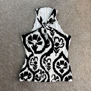 White House Black Market Halter Tank Top Womens XS White Black Floral Stretch